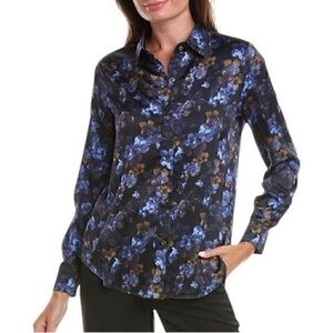 Elie Tahari Blue and Brown Floral Silk Button-Up Blouse